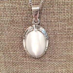 Large White Cat's Eye in SS Pendant